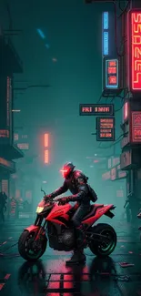 Cyberpunk motorbike rider in neon-lit cityscape.