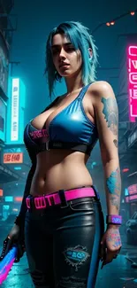 Cyberpunk city scene with blue-haired character and neon lights.