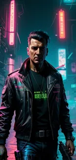 Futuristic cyberpunk city with neon lights and an urban figure.