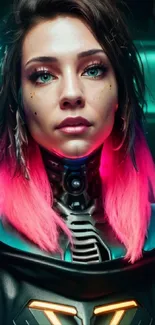 Vibrant cyberpunk neon portrait of futuristic character.