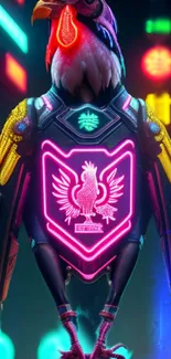 Cyberpunk rooster glowing with neon lights.