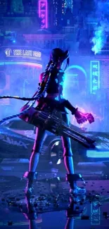 Cyberpunk cityscape with neon lights and futuristic theme.