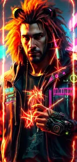 Cyberpunk style individual in neon-lit street, futuristic aesthetic.