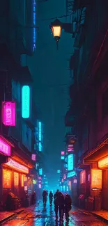 Cyberpunk street scene with neon lights and futuristic atmosphere.