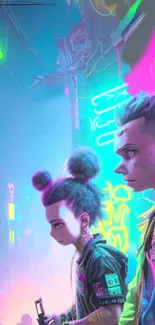 Cyberpunk style art with neon lights and futuristic characters in a vibrant city.