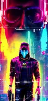 Cyberpunk neon cityscape with mysterious figure in vibrant colors.