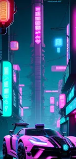 Cyberpunk cityscape with neon lights and futuristic car.