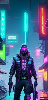 Cyberpunk scene with neon lights and mysterious figure.