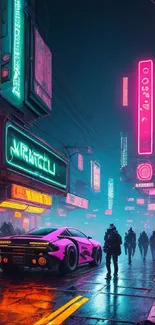 Cyberpunk street with neon lights, cars, and people.