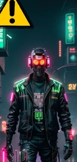 Cyberpunk robotic figure in neon-lit street.