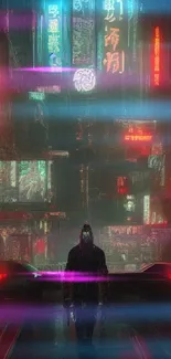 Cyberpunk cityscape wallpaper with neon lights and rainy atmosphere.