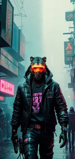 Futuristic neon-lit cyberpunk street wallpaper.