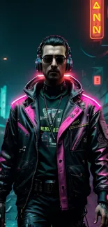 Cyberpunk character with neon pink lights on a futuristic street.