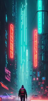 Cyberpunk city with neon lights and a lone figure in a futuristic street.