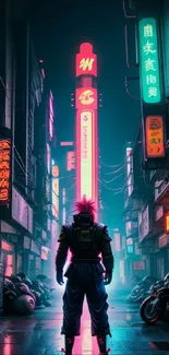 Cyberpunk neon street with vibrant lights.