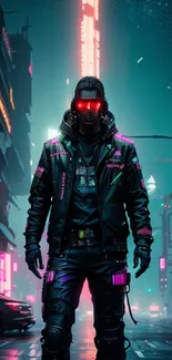 Cyberpunk city street with glowing neon and futuristic figure.