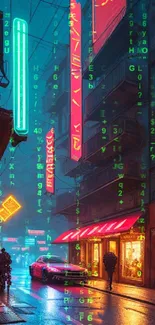 Futuristic neon-lit cyberpunk street scene wallpaper.