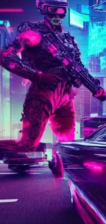 Neon cyberpunk warrior in a futuristic city scene.