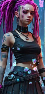 Cyberpunk style woman with neon dreads in futuristic cityscape.