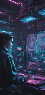 Futuristic woman with neon tech in a cyberpunk setting.