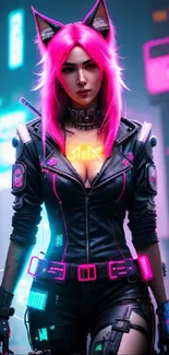 Cyberpunk neon warrior in a vibrant, futuristic cityscape with glowing billboards.