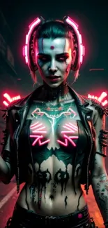 Futuristic cyberpunk warrior with neon lights in a vibrant city street.