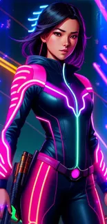 Neon-clad futuristic warrior in cyberpunk city.