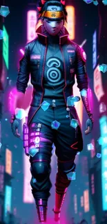 Cyberpunk neon warrior in futuristic cityscape wallpaper.