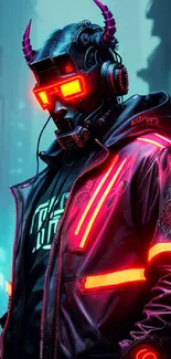 Cyberpunk neon warrior with glowing lights in dark urban setting.