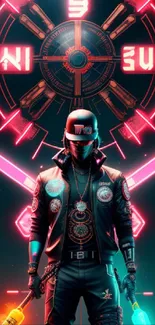 Cyberpunk neon warrior with vibrant lights and futuristic elements.