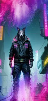 Cyberpunk wolf figure with neon lights in a vibrant urban setting.