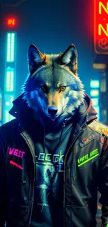 Cyberpunk wolf with neon city lights background.