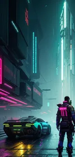 Futuristic cityscape with neon lights and a cyberpunk theme at night.