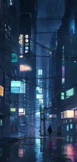 Cyberpunk cityscape with neon lights at night.