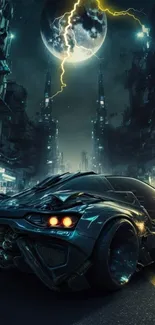 Futuristic car in a cyberpunk cityscape at night with stormy sky.