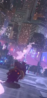 Cyberpunk city with motorcycle under neon lights at night.