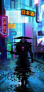 Futuristic samurai in a cyberpunk city with neon blue lights.