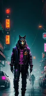 Cyberpunk street scene with neon lights and a mysterious figure.