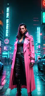 Cyberpunk scene with neon lights and a character in a pink coat.