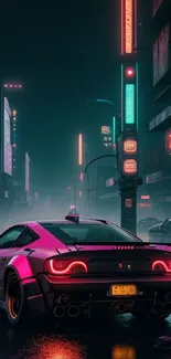 Cyberpunk car in neon-lit city street at night.