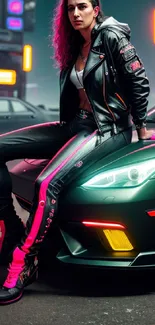 Stylish woman on car with neon lights, cyberpunk night scene.