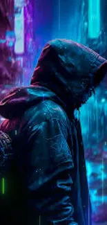 Hooded figure in neon-lit cyberpunk street scene.