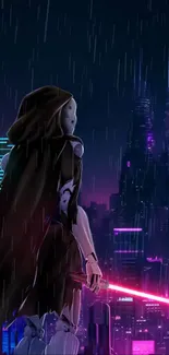 Cyberpunk warrior in neon-lit cityscape under rainy night sky.