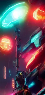 Futuristic cityscape with neon lights at night in cyberpunk style.