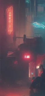 A cyberpunk cityscape glowing in neon lights at night.