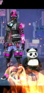 Cyberpunk character with panda and flames in a neon cityscape.