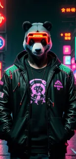 Cyberpunk panda wearing visor in neon-lit city scene.