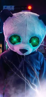 Cyberpunk panda with neon eyes in urban street setting.