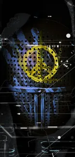 Cyberpunk helmet with yellow peace symbol on dark background.