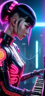 Futuristic cyberpunk woman playing piano with neon lights.